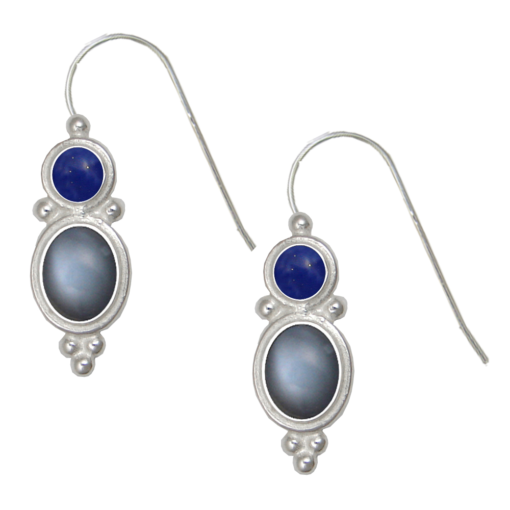 Sterling Silver Drop Dangle Earrings Grey Moonstone And Lapis Lazuli